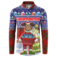Liechtenstein Christmas Button Sweatshirt with Reindeer Character Holiday Village and Plaid Sleeves - Wonder Print Shop