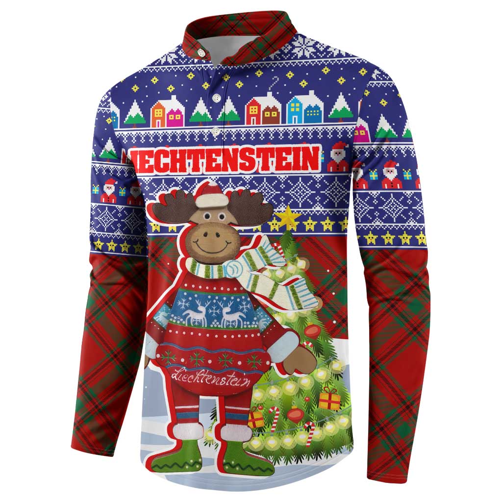 Liechtenstein Christmas Button Sweatshirt with Reindeer Character Holiday Village and Plaid Sleeves - Wonder Print Shop