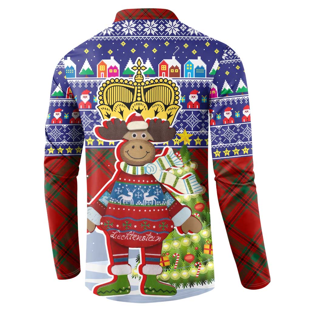 Liechtenstein Christmas Button Sweatshirt with Reindeer Character Holiday Village and Plaid Sleeves - Wonder Print Shop