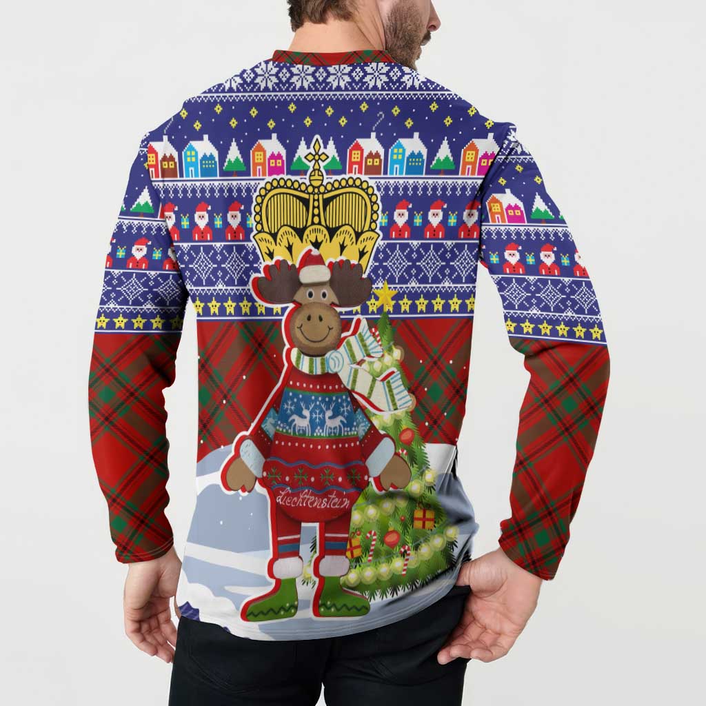 Liechtenstein Christmas Button Sweatshirt with Reindeer Character Holiday Village and Plaid Sleeves - Wonder Print Shop
