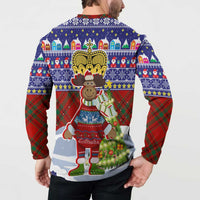 Liechtenstein Christmas Button Sweatshirt with Reindeer Character Holiday Village and Plaid Sleeves - Wonder Print Shop