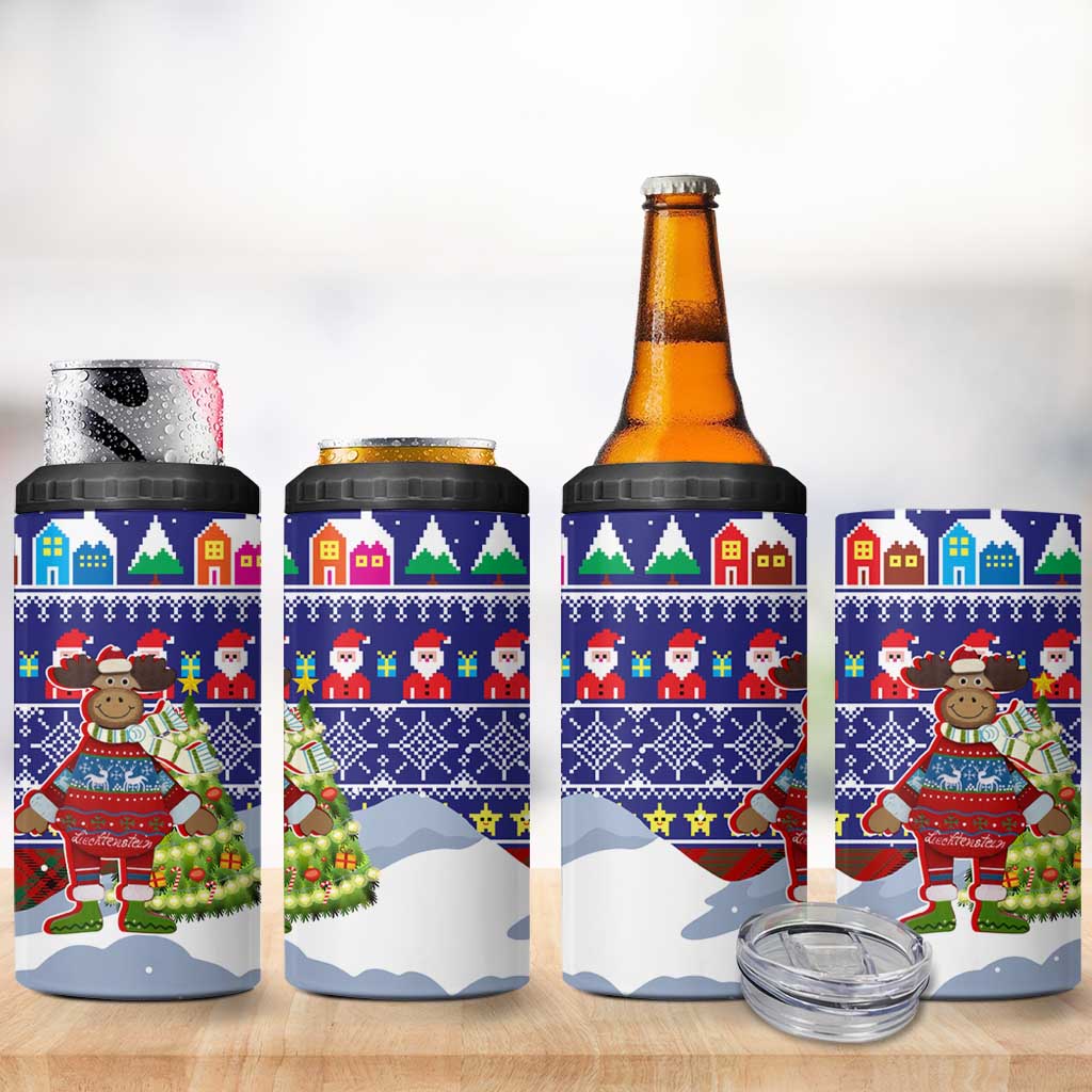 Liechtenstein Christmas 4 in 1 Can Cooler Tumbler with Reindeer Character Holiday Village and Plaid Sleeves - Wonder Print Shop