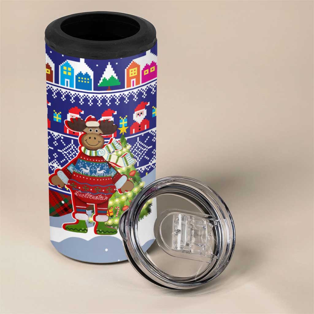 Liechtenstein Christmas 4 in 1 Can Cooler Tumbler with Reindeer Character Holiday Village and Plaid Sleeves - Wonder Print Shop