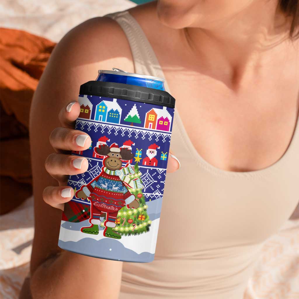 Liechtenstein Christmas 4 in 1 Can Cooler Tumbler with Reindeer Character Holiday Village and Plaid Sleeves - Wonder Print Shop