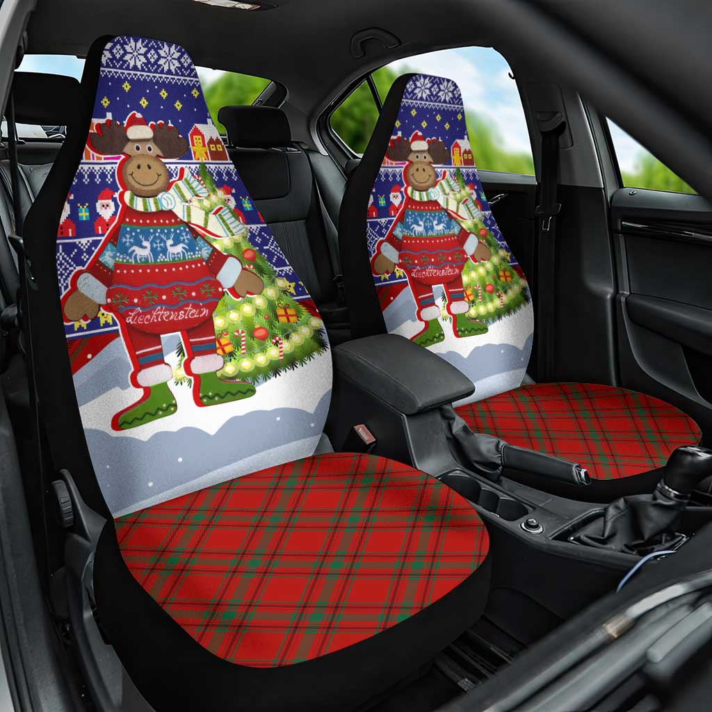 Liechtenstein Christmas Car Seat Cover with Reindeer Character Holiday Village and Plaid Sleeves - Wonder Print Shop
