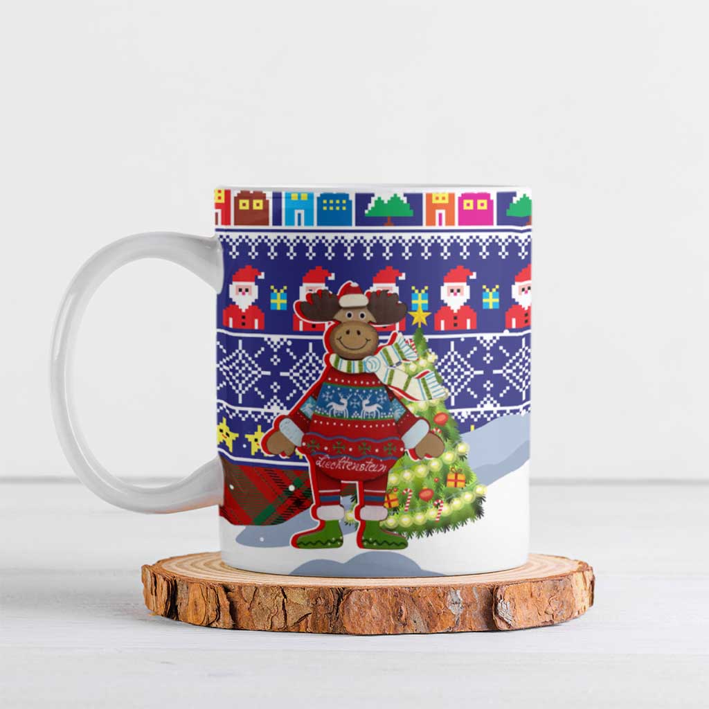 Liechtenstein Christmas Ceramic Mug with Reindeer Character Holiday Village and Plaid Sleeves - Wonder Print Shop