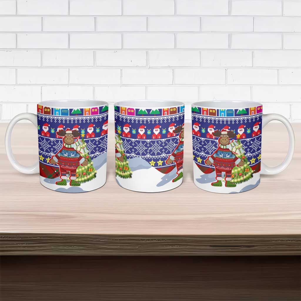 Liechtenstein Christmas Ceramic Mug with Reindeer Character Holiday Village and Plaid Sleeves - Wonder Print Shop