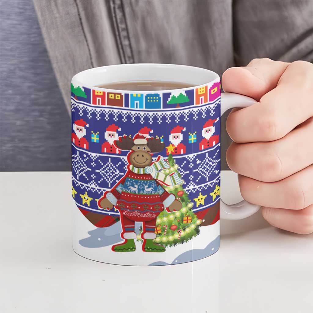 Liechtenstein Christmas Ceramic Mug with Reindeer Character Holiday Village and Plaid Sleeves - Wonder Print Shop