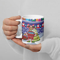 Liechtenstein Christmas Ceramic Mug with Reindeer Character Holiday Village and Plaid Sleeves - Wonder Print Shop