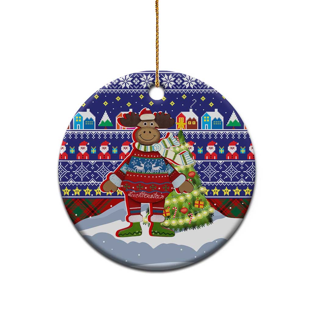 Liechtenstein Christmas Ceramic Ornament with Reindeer Character Holiday Village and Plaid Sleeves - Wonder Print Shop
