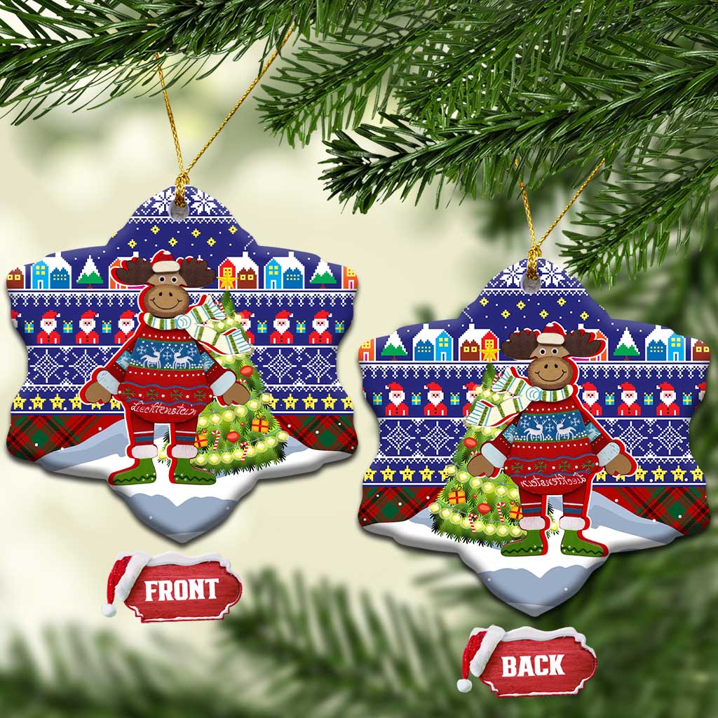 Liechtenstein Christmas Ceramic Ornament with Reindeer Character Holiday Village and Plaid Sleeves - Wonder Print Shop