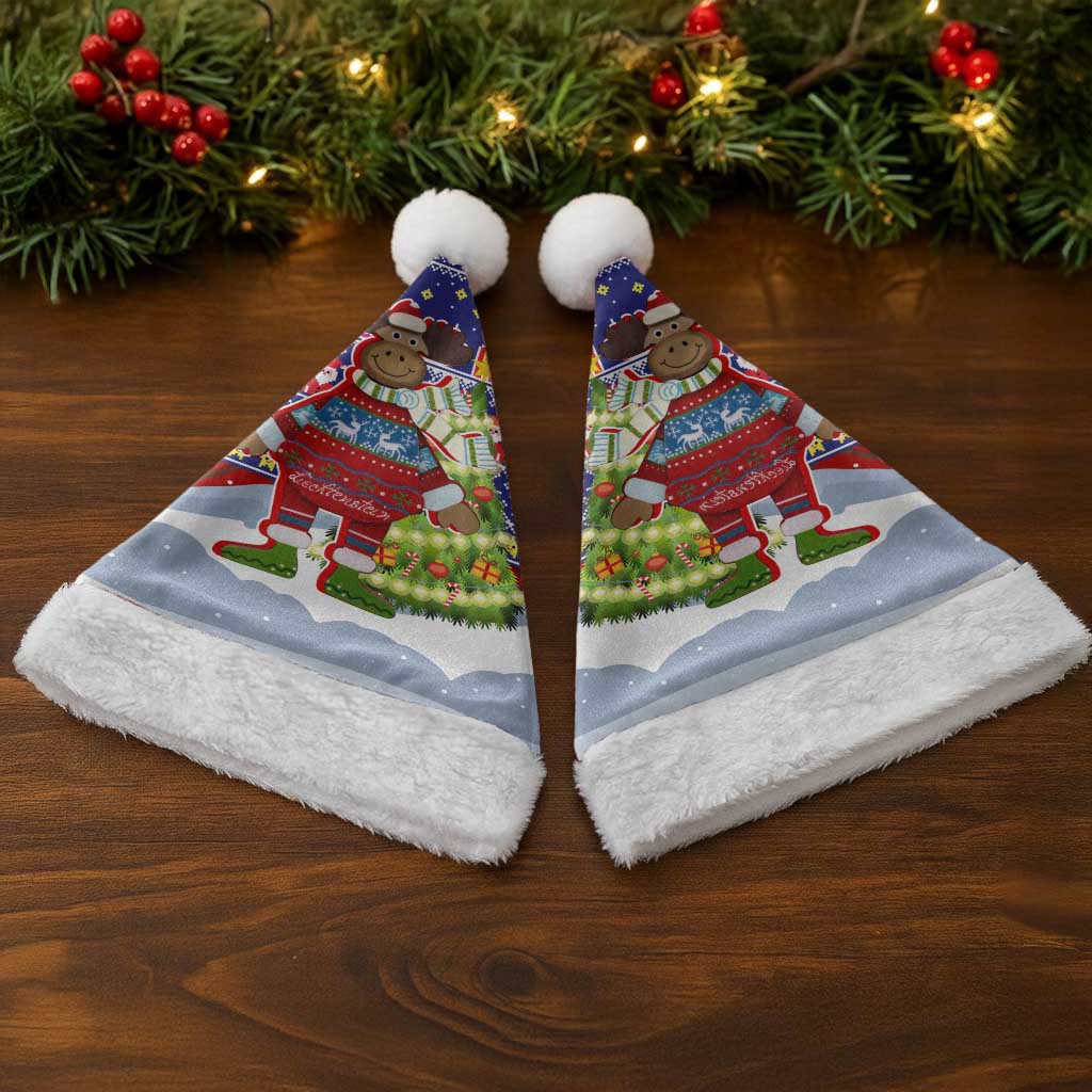 Liechtenstein Christmas Santa Hat with Reindeer Character Holiday Village and Plaid Sleeves - Wonder Print Shop