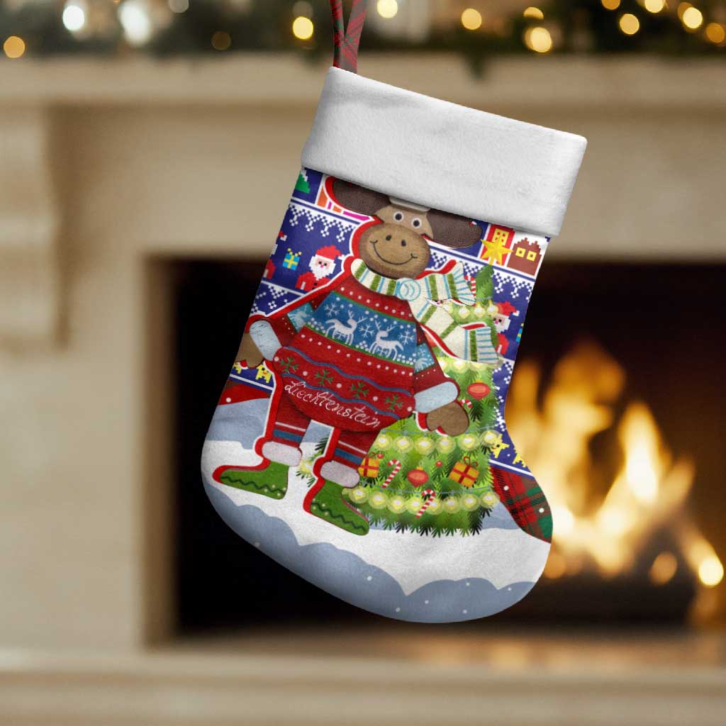 Liechtenstein Christmas Stocking with Reindeer Character Holiday Village and Plaid Sleeves - Wonder Print Shop