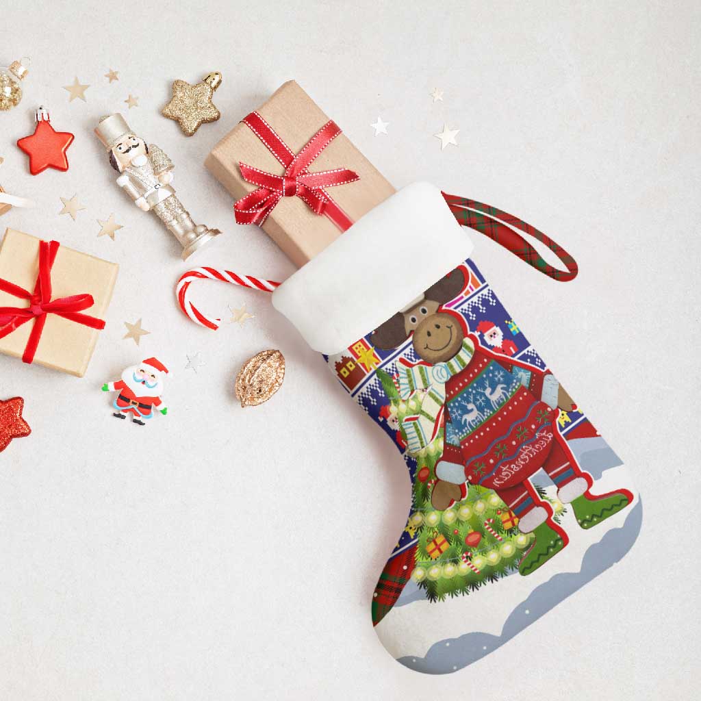 Liechtenstein Christmas Stocking with Reindeer Character Holiday Village and Plaid Sleeves - Wonder Print Shop
