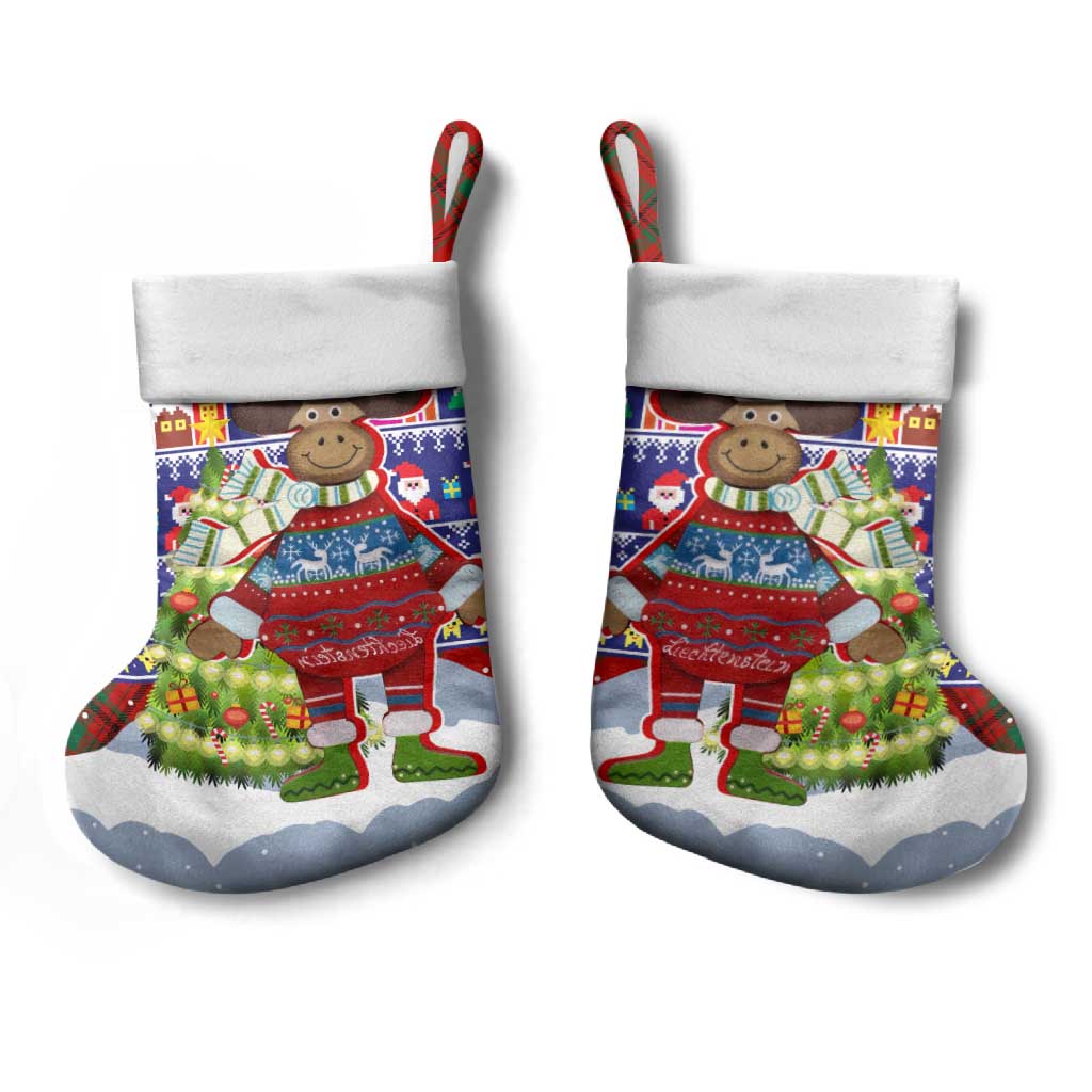 Liechtenstein Christmas Stocking with Reindeer Character Holiday Village and Plaid Sleeves - Wonder Print Shop