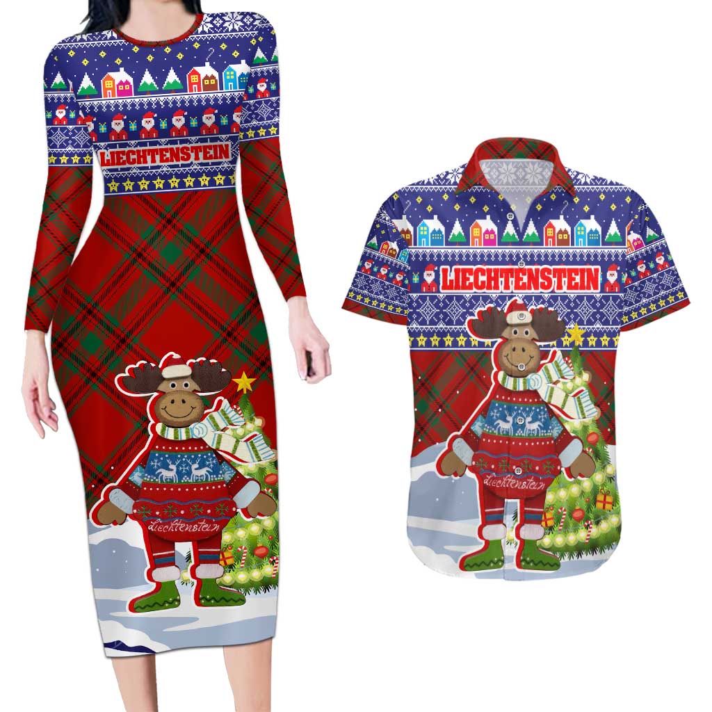Liechtenstein Christmas Couples Matching Long Sleeve Bodycon Dress and Hawaiian Shirt with Reindeer Character Holiday Village and Plaid Sleeves - Wonder Print Shop