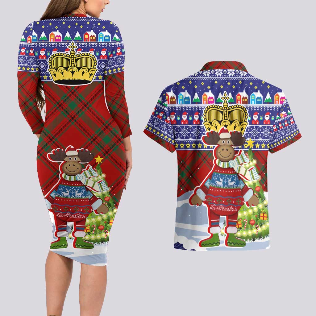 Liechtenstein Christmas Couples Matching Long Sleeve Bodycon Dress and Hawaiian Shirt with Reindeer Character Holiday Village and Plaid Sleeves - Wonder Print Shop
