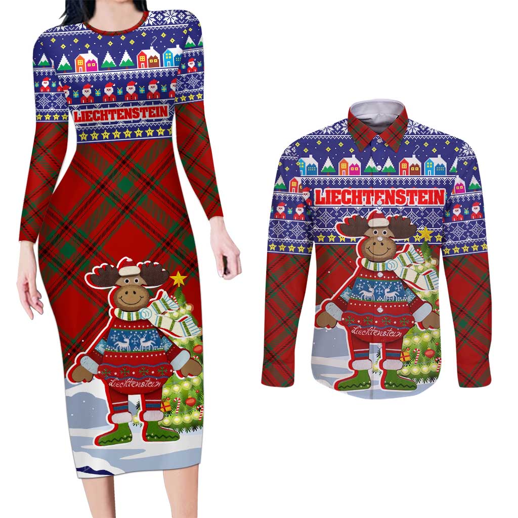 Liechtenstein Christmas Couples Matching Long Sleeve Bodycon Dress and Long Sleeve Button Shirt with Reindeer Character Holiday Village and Plaid Sleeves - Wonder Print Shop