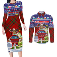Liechtenstein Christmas Couples Matching Long Sleeve Bodycon Dress and Long Sleeve Button Shirt with Reindeer Character Holiday Village and Plaid Sleeves - Wonder Print Shop