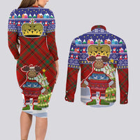 Liechtenstein Christmas Couples Matching Long Sleeve Bodycon Dress and Long Sleeve Button Shirt with Reindeer Character Holiday Village and Plaid Sleeves - Wonder Print Shop