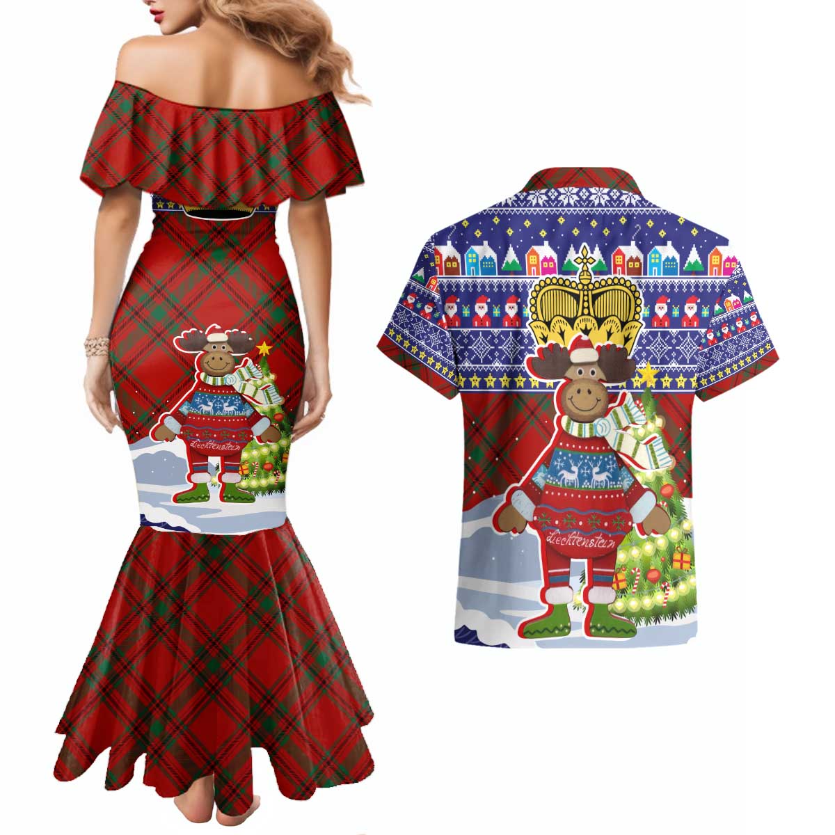 Liechtenstein Christmas Couples Matching Mermaid Dress and Hawaiian Shirt with Reindeer Character Holiday Village and Plaid Sleeves - Wonder Print Shop