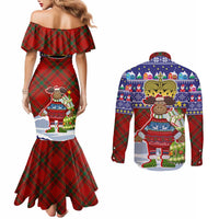 Liechtenstein Christmas Couples Matching Mermaid Dress and Long Sleeve Button Shirt with Reindeer Character Holiday Village and Plaid Sleeves - Wonder Print Shop