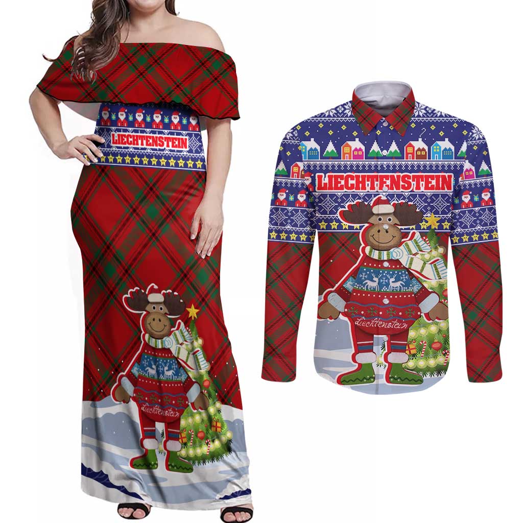 Liechtenstein Christmas Couples Matching Off Shoulder Maxi Dress and Long Sleeve Button Shirt with Reindeer Character Holiday Village and Plaid Sleeves - Wonder Print Shop