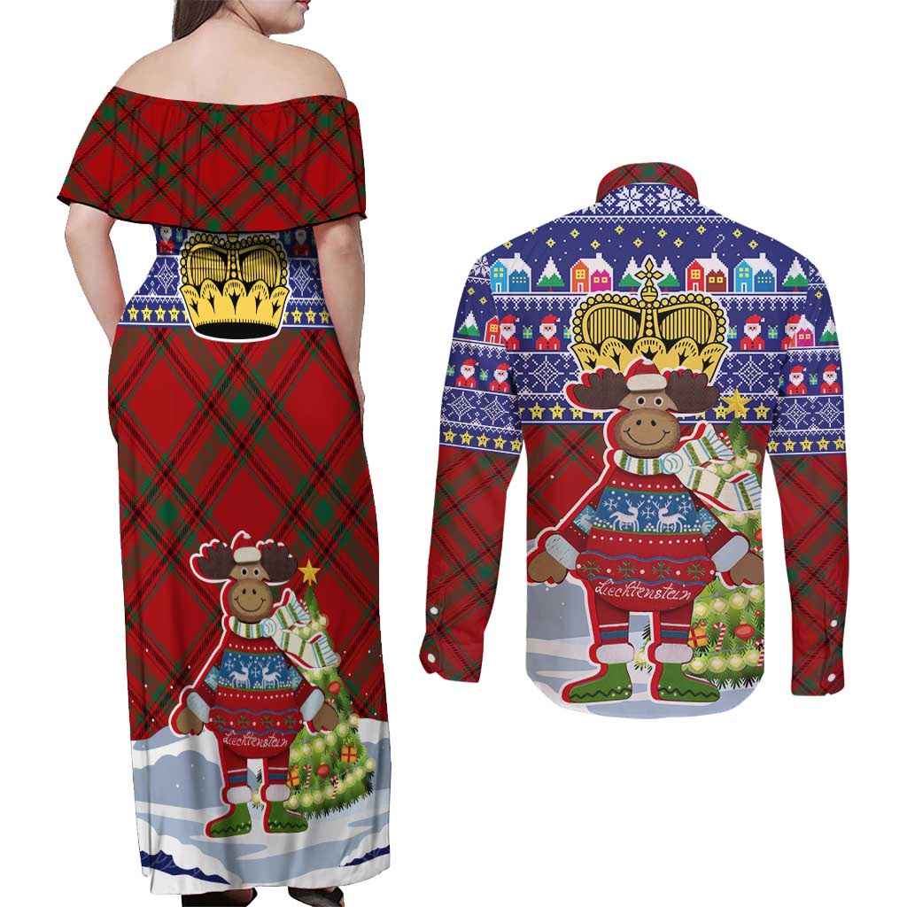 Liechtenstein Christmas Couples Matching Off Shoulder Maxi Dress and Long Sleeve Button Shirt with Reindeer Character Holiday Village and Plaid Sleeves - Wonder Print Shop