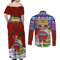 Liechtenstein Christmas Couples Matching Off Shoulder Maxi Dress and Long Sleeve Button Shirt with Reindeer Character Holiday Village and Plaid Sleeves - Wonder Print Shop