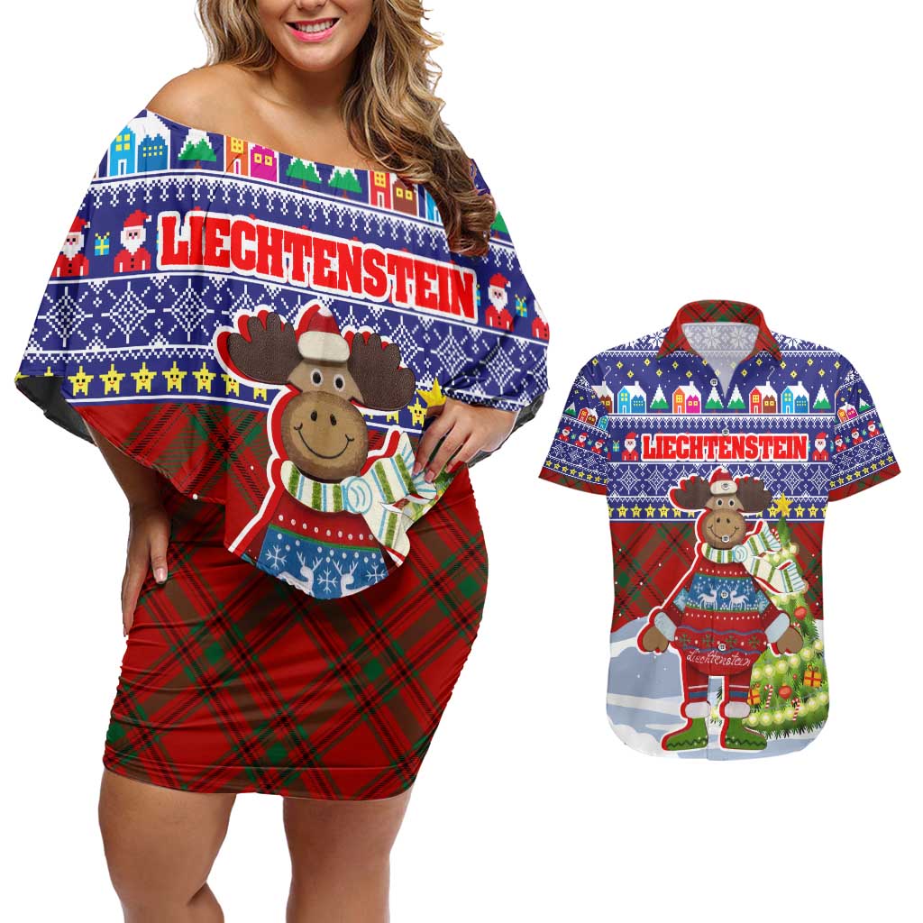 Liechtenstein Christmas Couples Matching Off Shoulder Short Dress and Hawaiian Shirt with Reindeer Character Holiday Village and Plaid Sleeves - Wonder Print Shop