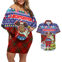Liechtenstein Christmas Couples Matching Off Shoulder Short Dress and Hawaiian Shirt with Reindeer Character Holiday Village and Plaid Sleeves - Wonder Print Shop
