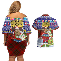 Liechtenstein Christmas Couples Matching Off Shoulder Short Dress and Hawaiian Shirt with Reindeer Character Holiday Village and Plaid Sleeves - Wonder Print Shop