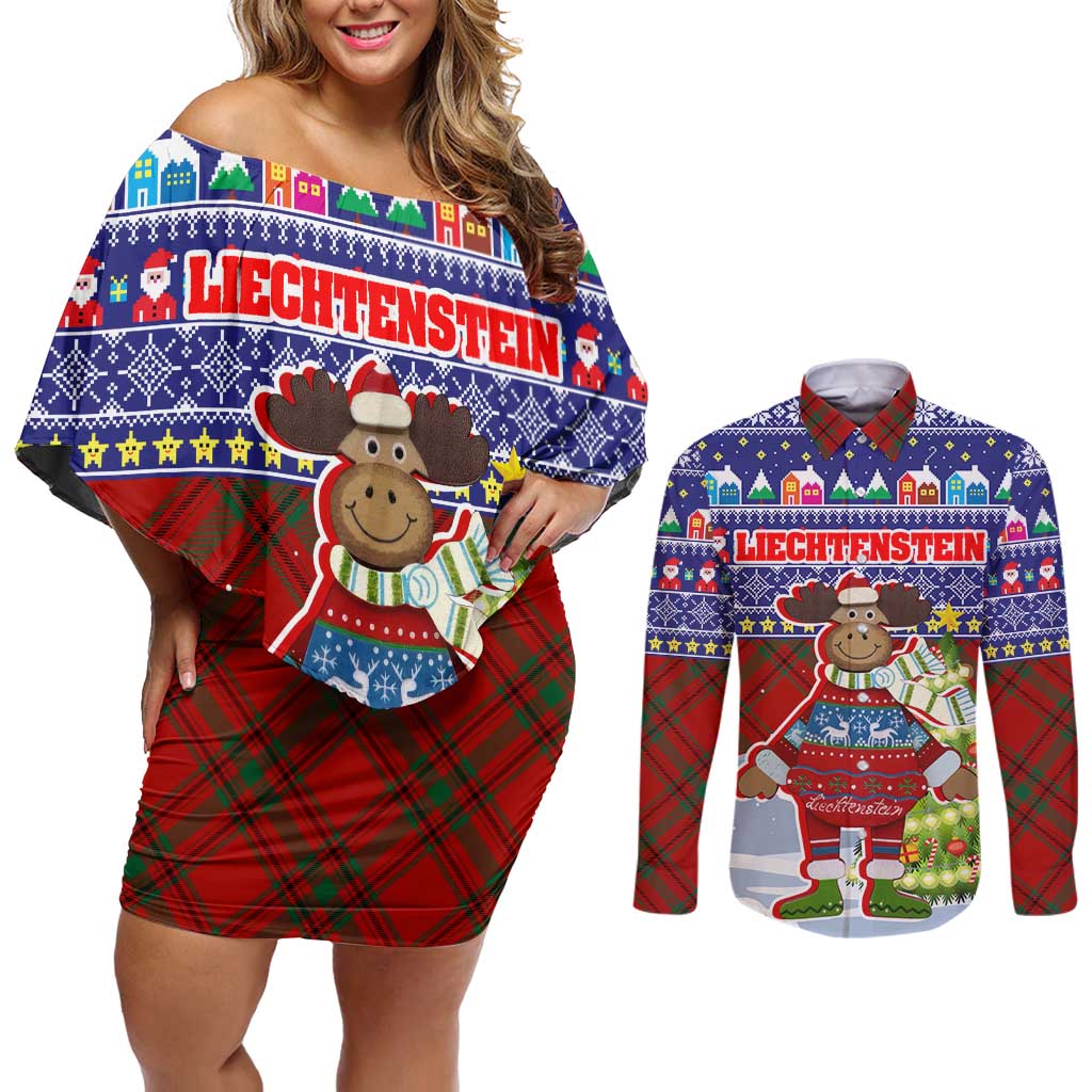 Liechtenstein Christmas Couples Matching Off Shoulder Short Dress and Long Sleeve Button Shirt with Reindeer Character Holiday Village and Plaid Sleeves - Wonder Print Shop