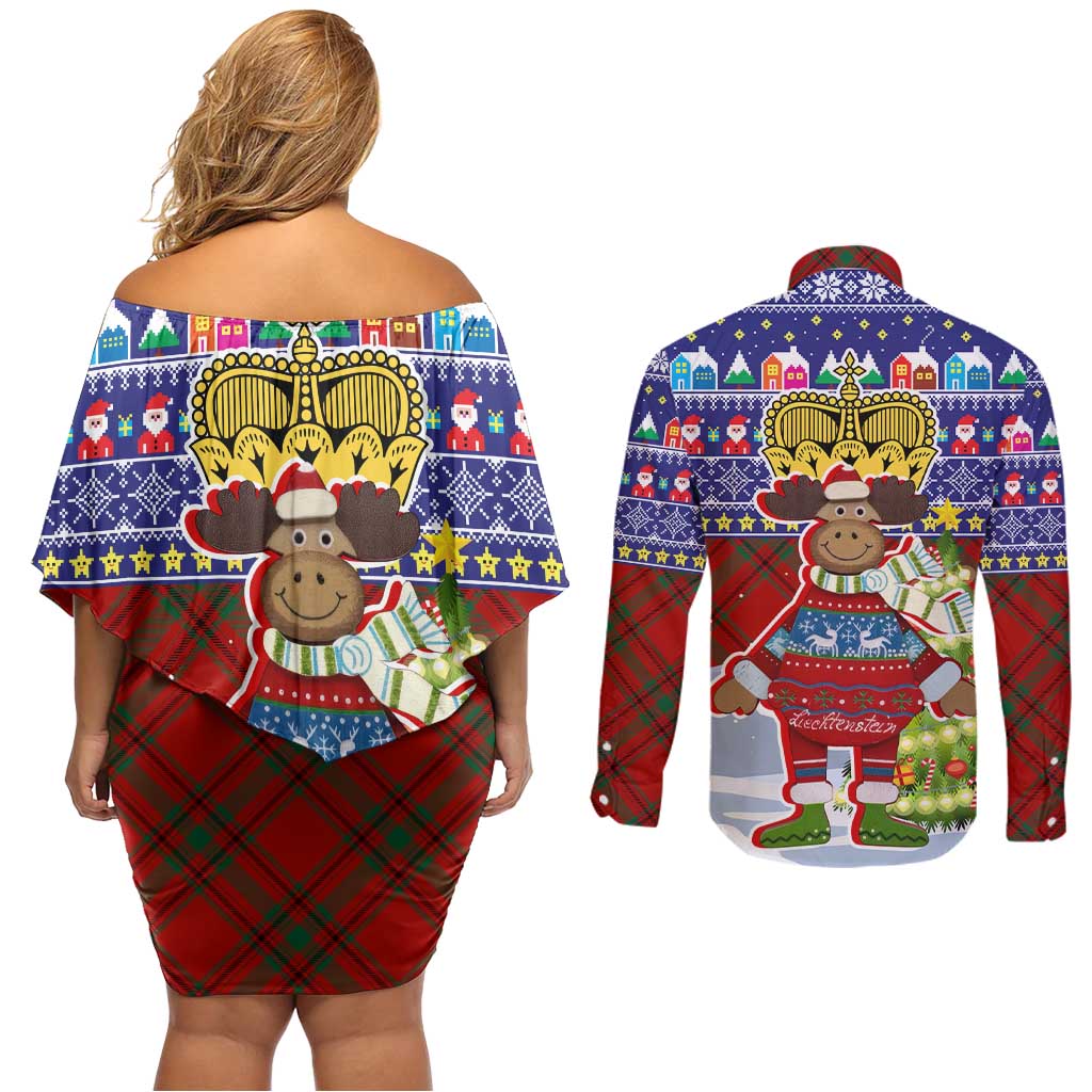 Liechtenstein Christmas Couples Matching Off Shoulder Short Dress and Long Sleeve Button Shirt with Reindeer Character Holiday Village and Plaid Sleeves - Wonder Print Shop