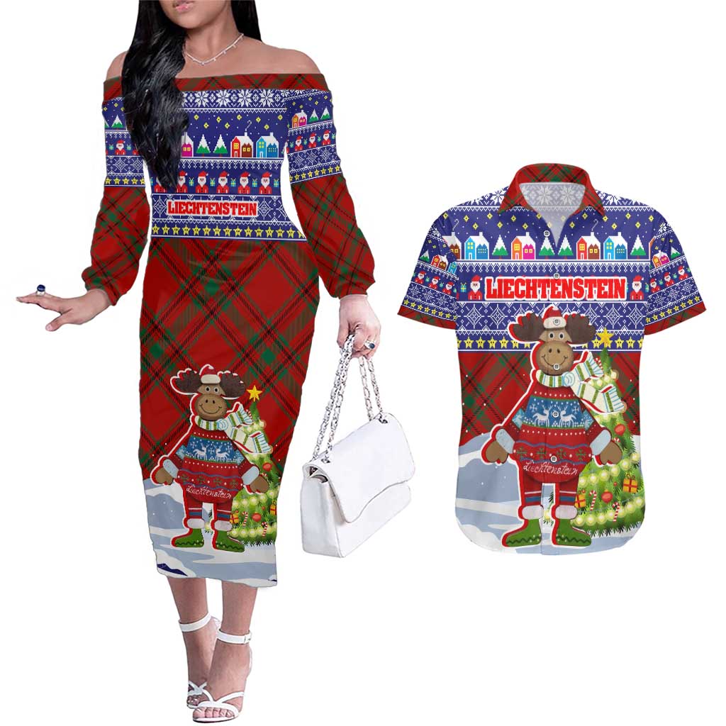 Liechtenstein Christmas Couples Matching Off The Shoulder Long Sleeve Dress and Hawaiian Shirt with Reindeer Character Holiday Village and Plaid Sleeves - Wonder Print Shop