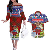 Liechtenstein Christmas Couples Matching Off The Shoulder Long Sleeve Dress and Hawaiian Shirt with Reindeer Character Holiday Village and Plaid Sleeves - Wonder Print Shop
