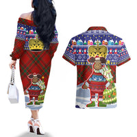 Liechtenstein Christmas Couples Matching Off The Shoulder Long Sleeve Dress and Hawaiian Shirt with Reindeer Character Holiday Village and Plaid Sleeves - Wonder Print Shop