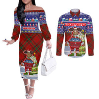 Liechtenstein Christmas Couples Matching Off The Shoulder Long Sleeve Dress and Long Sleeve Button Shirt with Reindeer Character Holiday Village and Plaid Sleeves - Wonder Print Shop