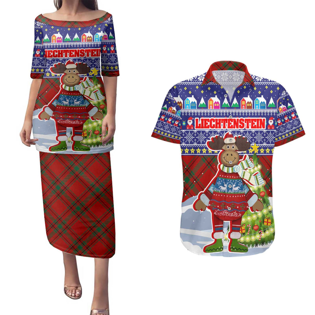 Liechtenstein Christmas Couples Matching Puletasi and Hawaiian Shirt with Reindeer Character Holiday Village and Plaid Sleeves - Wonder Print Shop
