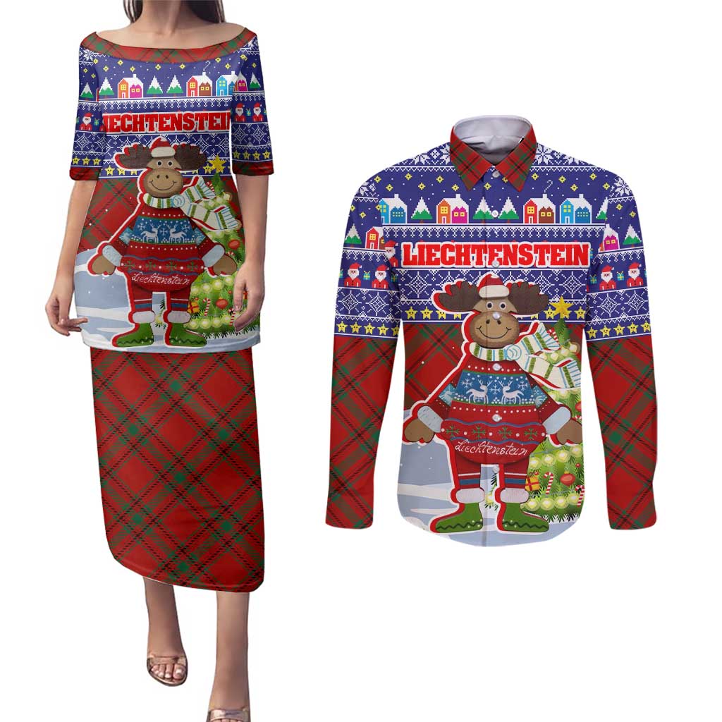 Liechtenstein Christmas Couples Matching Puletasi and Long Sleeve Button Shirt with Reindeer Character Holiday Village and Plaid Sleeves - Wonder Print Shop