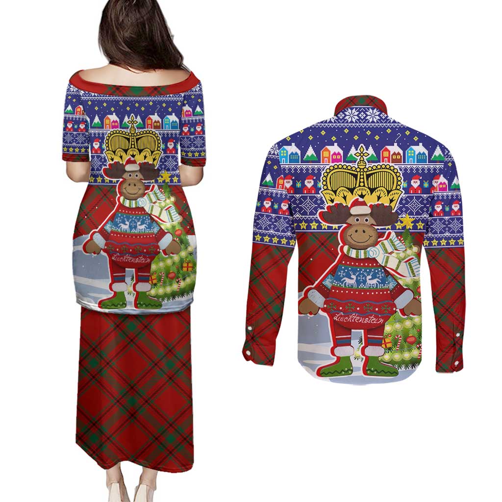 Liechtenstein Christmas Couples Matching Puletasi and Long Sleeve Button Shirt with Reindeer Character Holiday Village and Plaid Sleeves - Wonder Print Shop