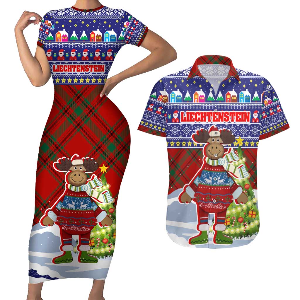 Liechtenstein Christmas Couples Matching Short Sleeve Bodycon Dress and Hawaiian Shirt with Reindeer Character Holiday Village and Plaid Sleeves - Wonder Print Shop