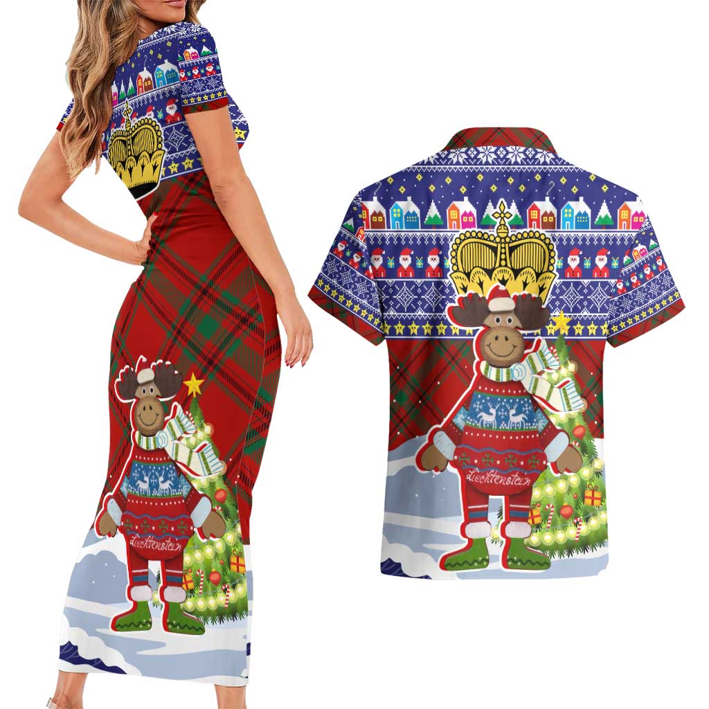 Liechtenstein Christmas Couples Matching Short Sleeve Bodycon Dress and Hawaiian Shirt with Reindeer Character Holiday Village and Plaid Sleeves - Wonder Print Shop
