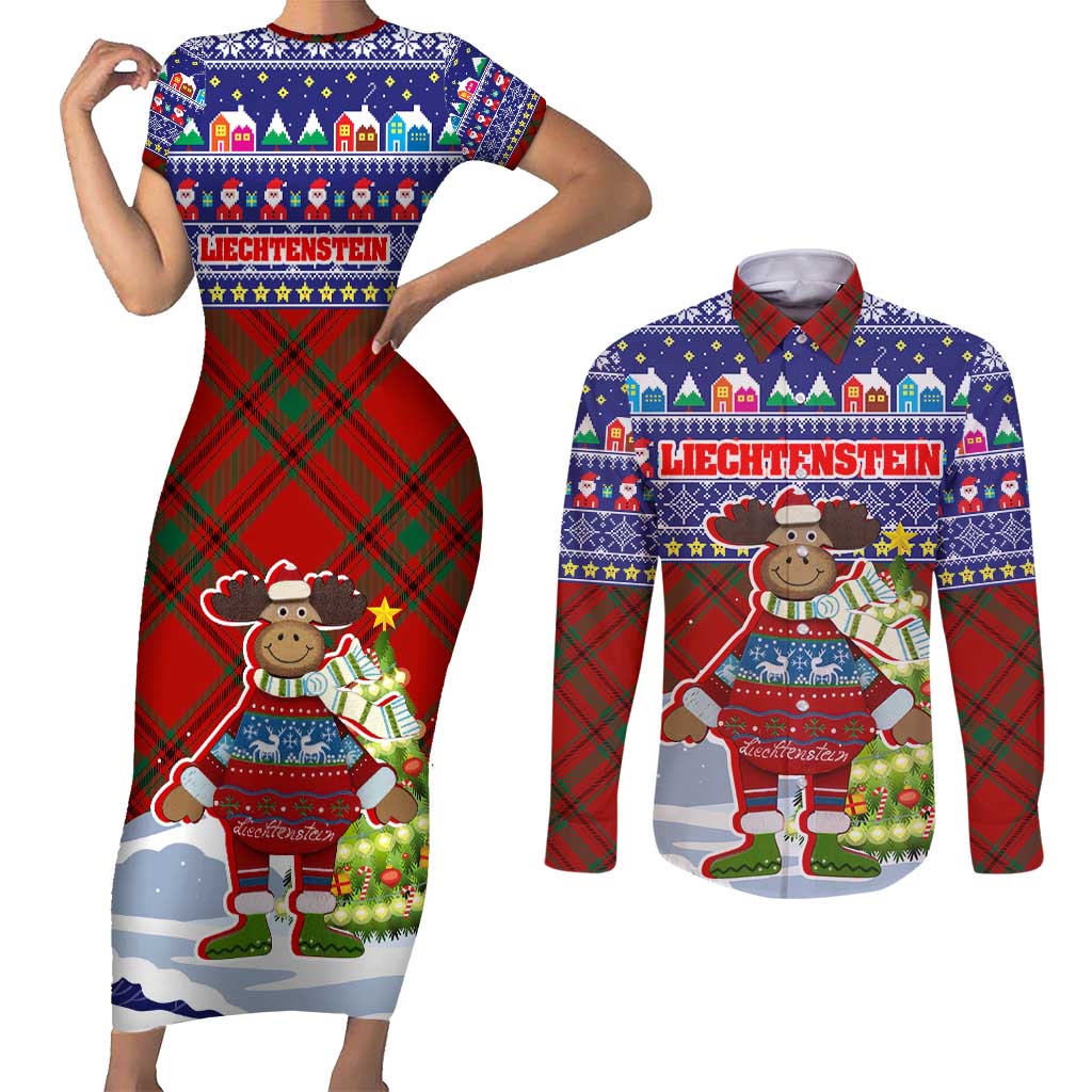 Liechtenstein Christmas Couples Matching Short Sleeve Bodycon Dress and Long Sleeve Button Shirt with Reindeer Character Holiday Village and Plaid Sleeves - Wonder Print Shop