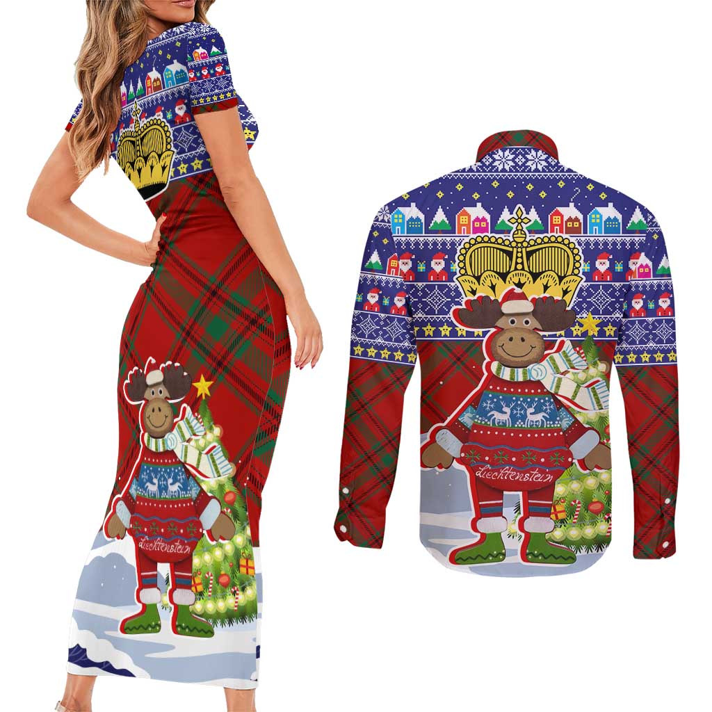Liechtenstein Christmas Couples Matching Short Sleeve Bodycon Dress and Long Sleeve Button Shirt with Reindeer Character Holiday Village and Plaid Sleeves - Wonder Print Shop