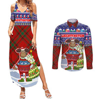 Liechtenstein Christmas Couples Matching Summer Maxi Dress and Long Sleeve Button Shirt with Reindeer Character Holiday Village and Plaid Sleeves - Wonder Print Shop