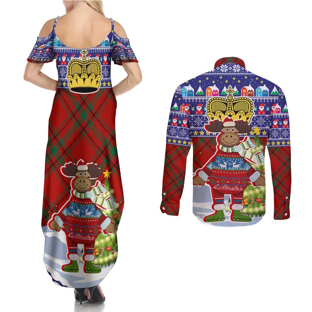 Liechtenstein Christmas Couples Matching Summer Maxi Dress and Long Sleeve Button Shirt with Reindeer Character Holiday Village and Plaid Sleeves - Wonder Print Shop