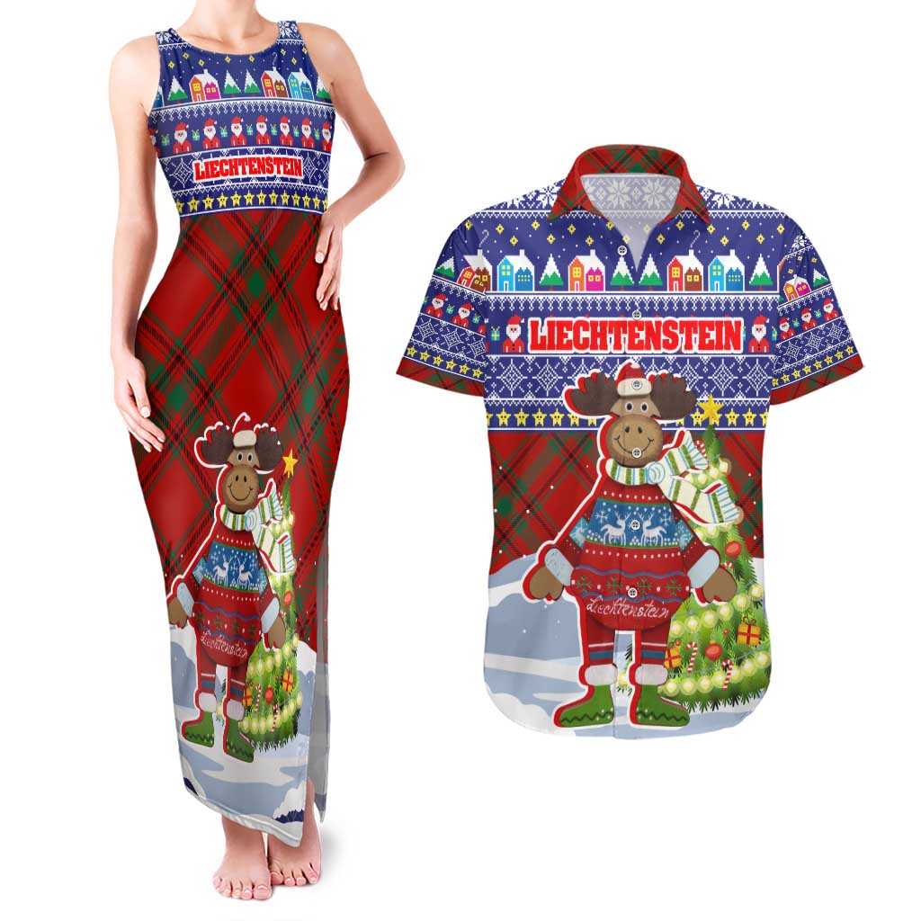 Liechtenstein Christmas Couples Matching Tank Maxi Dress and Hawaiian Shirt with Reindeer Character Holiday Village and Plaid Sleeves - Wonder Print Shop