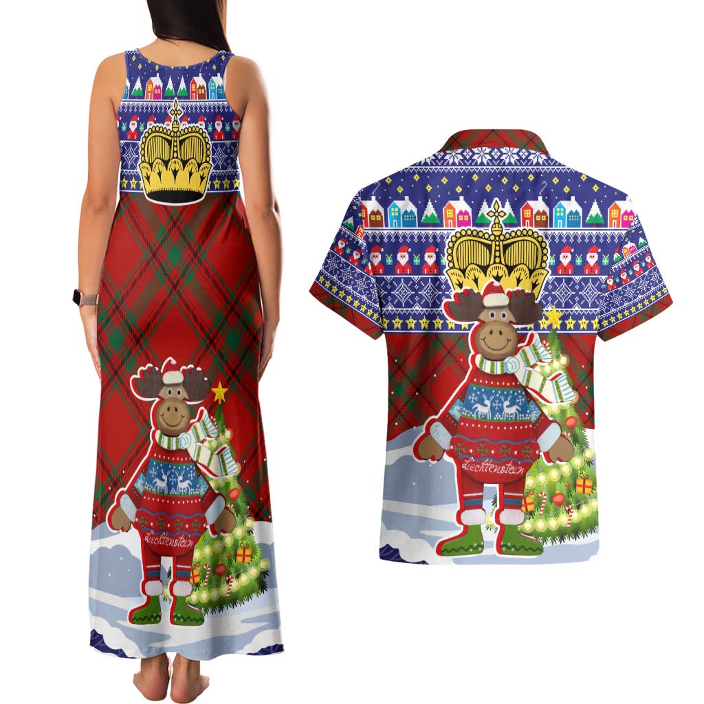 Liechtenstein Christmas Couples Matching Tank Maxi Dress and Hawaiian Shirt with Reindeer Character Holiday Village and Plaid Sleeves - Wonder Print Shop