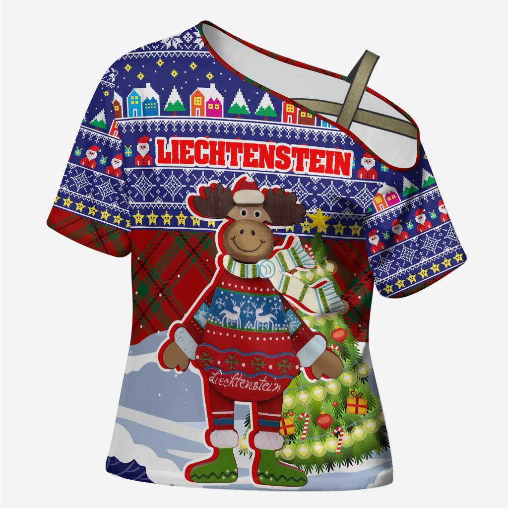 Liechtenstein Christmas Cross Shoulder Shirt with Reindeer Character Holiday Village and Plaid Sleeves - Wonder Print Shop